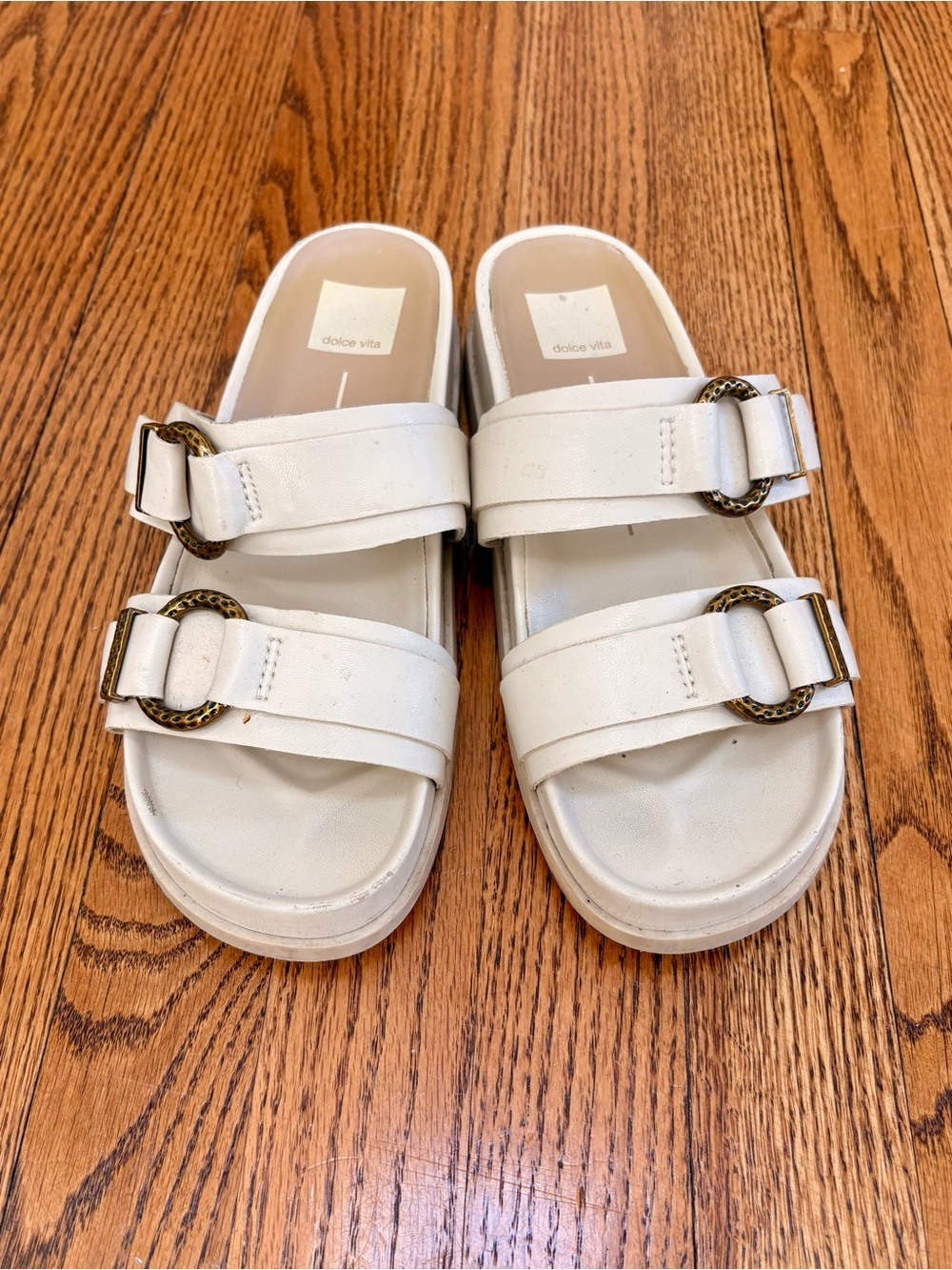 Dolce Vita White Double-Buckle Slide Sandals
